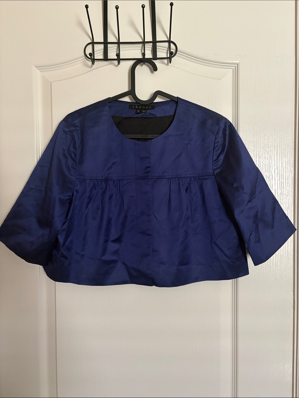 Theory Blue Satin Cropped Boxy Top Cape Coat 3/4 Quarter Sleeves Button Down